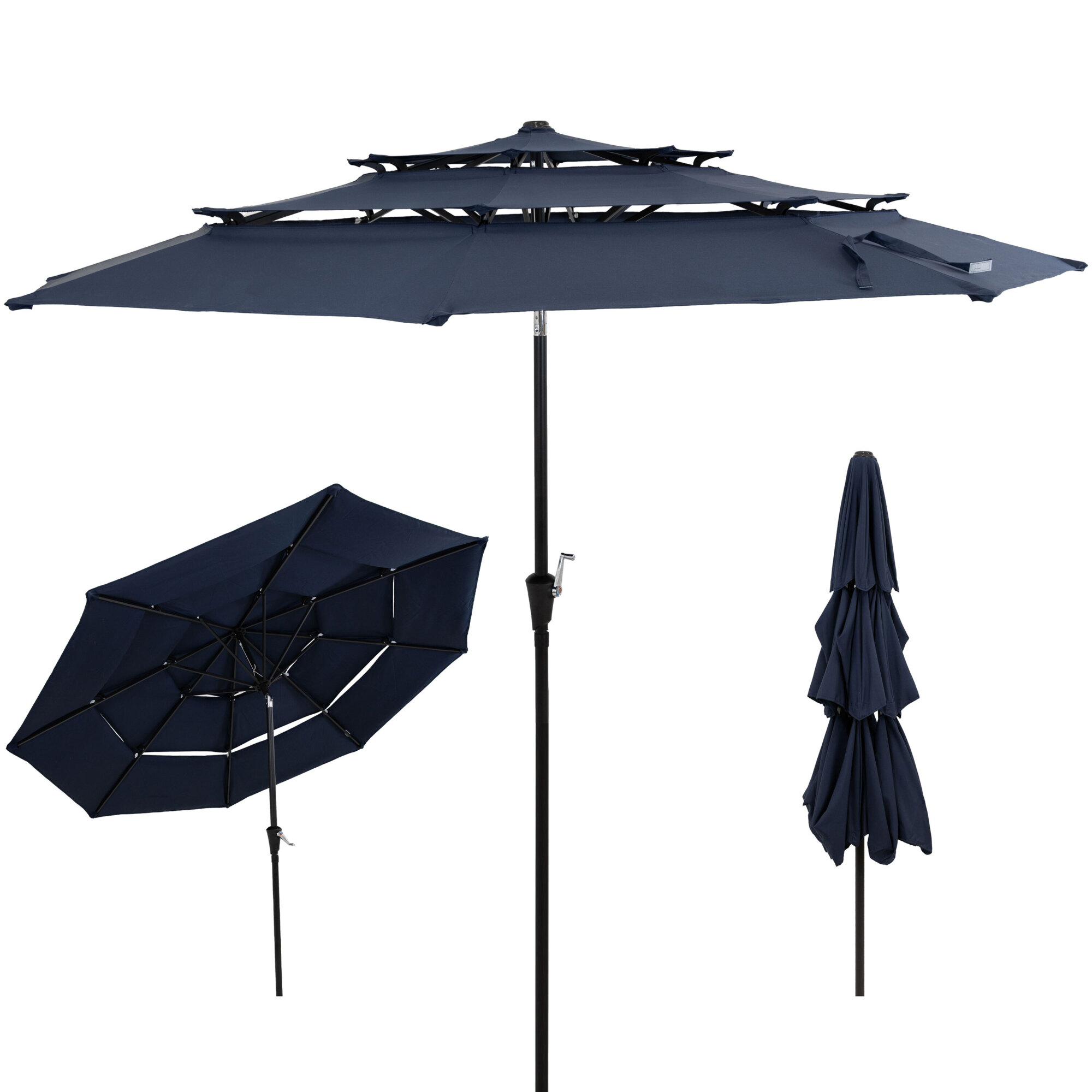 Sunnydaze Decor 3-Tier Outdoor Patio Umbrella — 10ft., Polyester Canopy, Push Button Tilt, Crank, Navy, Model# ECG-1371